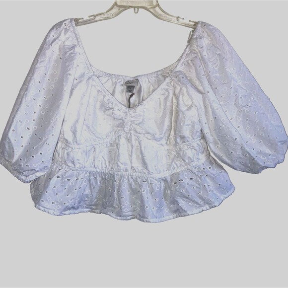 A NEW DAY size L 100% Cotton Fresh White Eyelet Embroidered Top Peasant Blouse - Picture 2 of 4